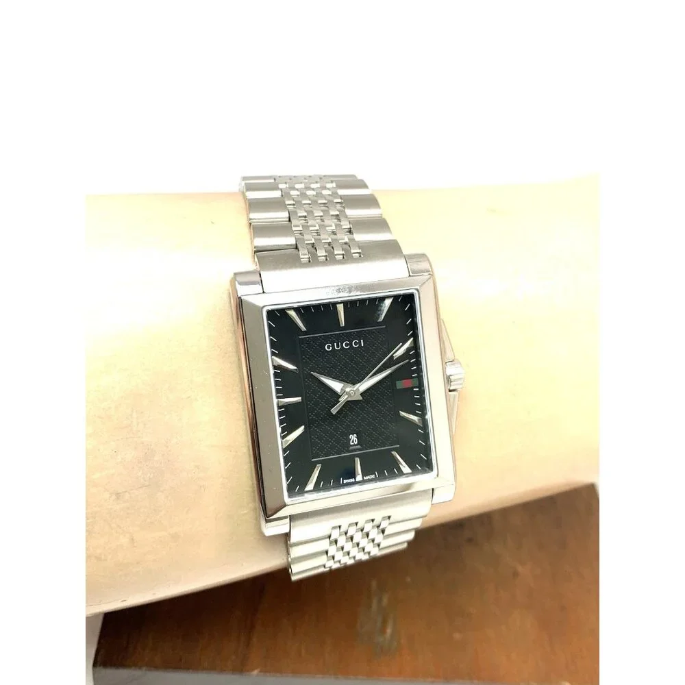 Gucci Men's Watch YA138401 G-Timeless Swiss Quartz Black Dial Silver Steel Tank